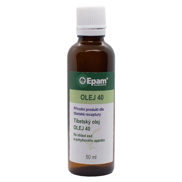 Olej Epam 40 – na oblast zad a pohybového aparátu Balení produktu Olej Epam 40 – na oblast zad a pohybového aparátu, 50 ml, pro uvolnění ztuhlých zad a svalů.
