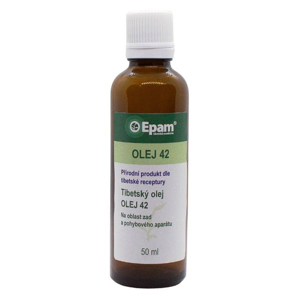 Olej Epam 42 – na oblast zad a pohybového aparátu Balení produktu Olej Epam 42 – na oblast zad a pohybového aparátu, 50 ml, pro pravidelnou masáž ztuhlého svalstva.