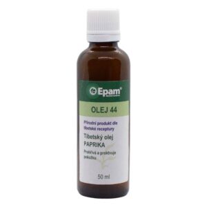 Olej Epam 44 – paprika Balení produktu Olej Epam 44 – paprika, 50 ml, prohřívací olej pro zlepšení prokrvení v dané části pokožky.