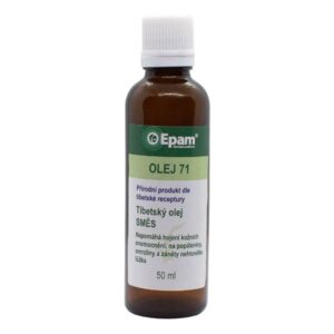 Olej Epam 71 – směs Balení produktu Olej Epam 71 – směs, 50 ml, zvláčňuje a regeneruje pokožku, vhodný na nehtová lůžka a po spáleninách.