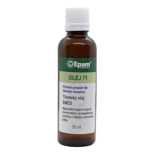 Olej Epam 71 – směs Balení produktu Olej Epam 71 – směs, 50 ml, zvláčňuje a regeneruje pokožku, vhodný na nehtová lůžka a po spáleninách.